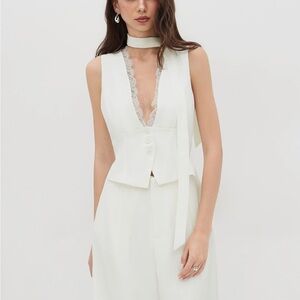 V-NECK LACE TRIM WIDE LEG JUMPSUIT WITH SCARF